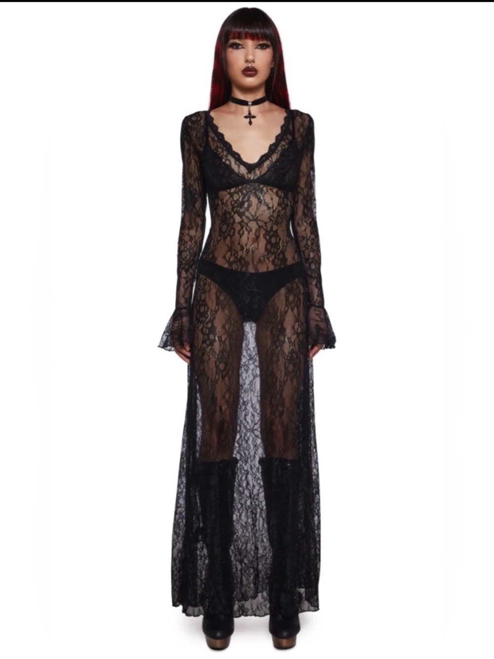 NWT Widow Dolls Kill Misty Days Black Lace Sheer Maxi Dress Women’s XS Bell Long
